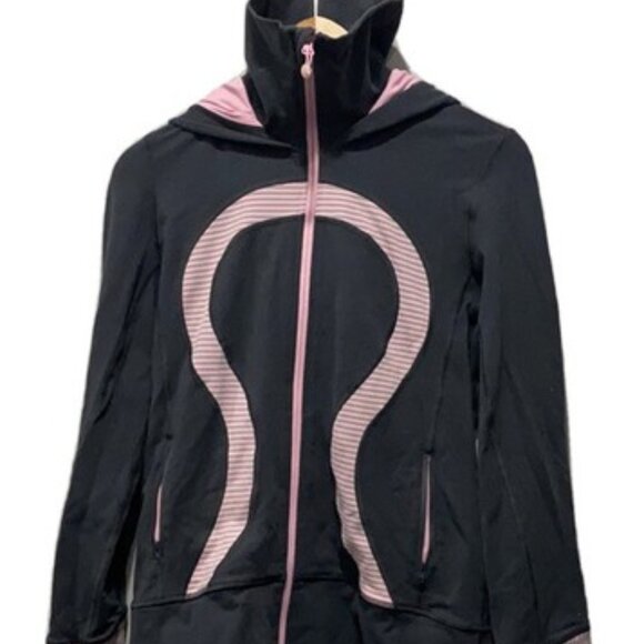 Lululemon Stride Jacket Full Zip Hooded Heathered Gray Pink Thumbholes sz 8 - Picture 1 of 1